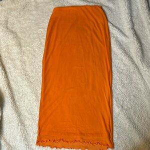 Orange micro-mesh XXS stretchy pencil skirt with ruffle trim like new